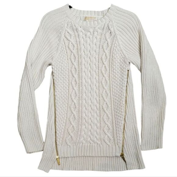 Michael Kors Sweaters - NWOT Michael Kors Ivory Cream Cable Knit Sweater with Gold Zippers Size L